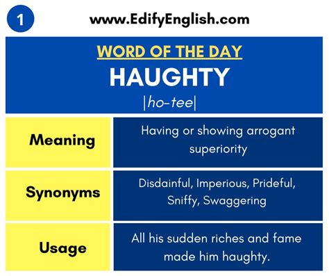 Synonym of haughtily - Synonyms for HAUGHTY: arrogant, supercilious, cavalier, superior, bumptious, high-and-mighty, domineering, uppity; Antonyms of HAUGHTY: humble, modest, lowly, timid, …